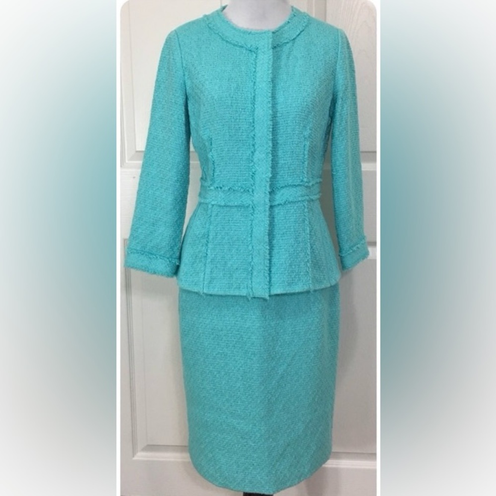 Lafayette 148 New York Aqua Tweed Jacket and Skirt Suit Set